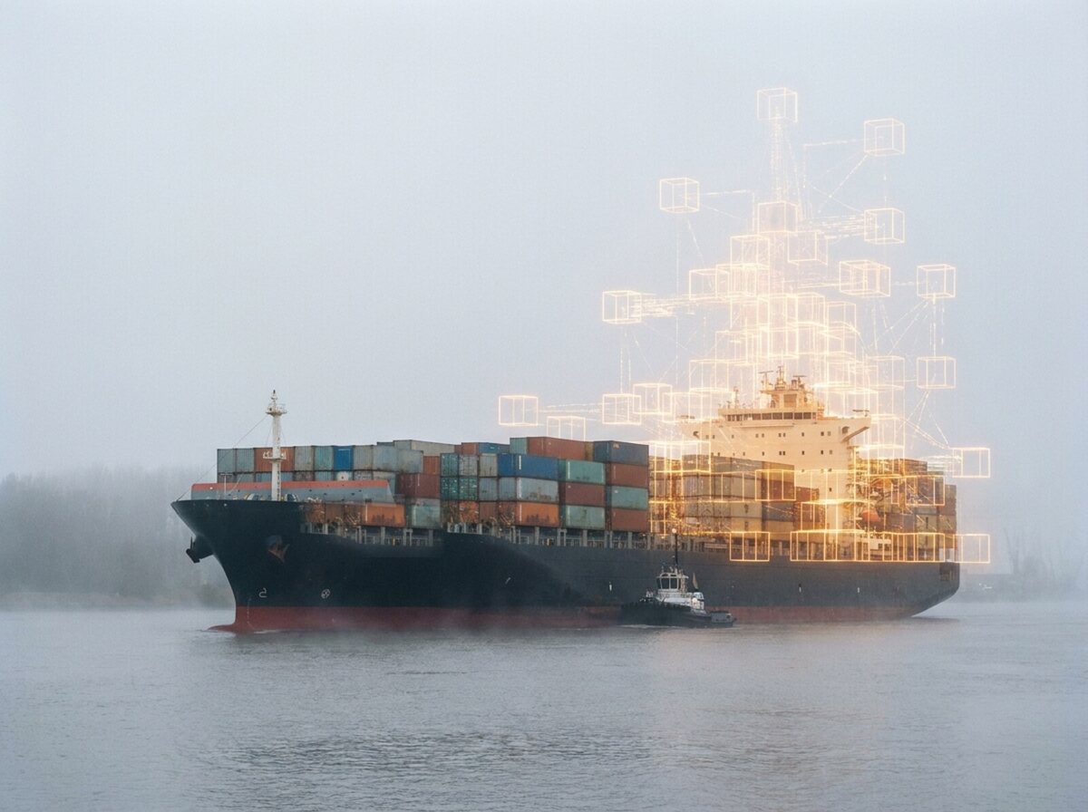 Ein großes Containerschiff im Morgennebel auf der Elbe; der hintere Teil der Ladung löst sich in ein leuchtendes Raster aus Würfeln und Datenlinien auf
