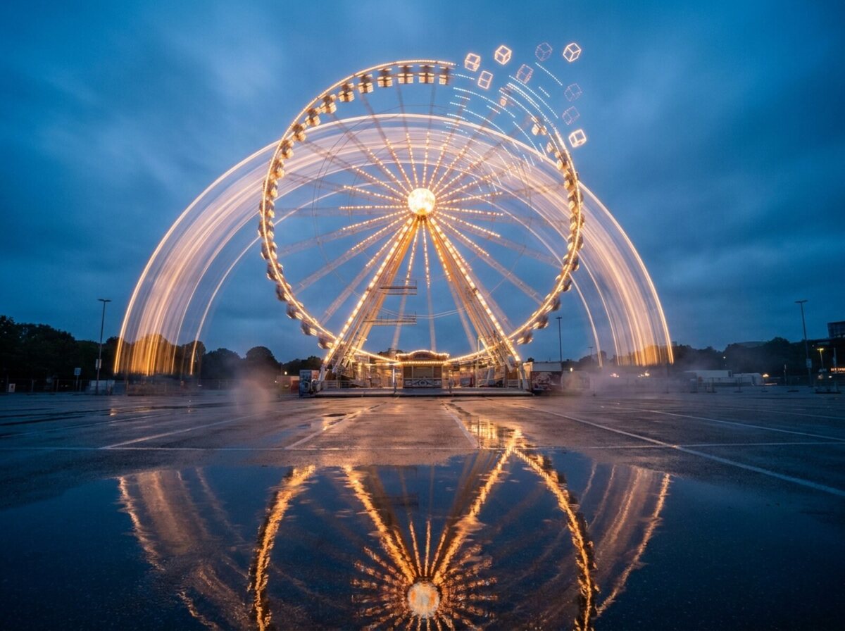Das Riesenrad des Hamburger Doms auf leerem, regennassem Platz in der blauen Stunde; der obere Bogen löst sich in leuchtende Würfel auf