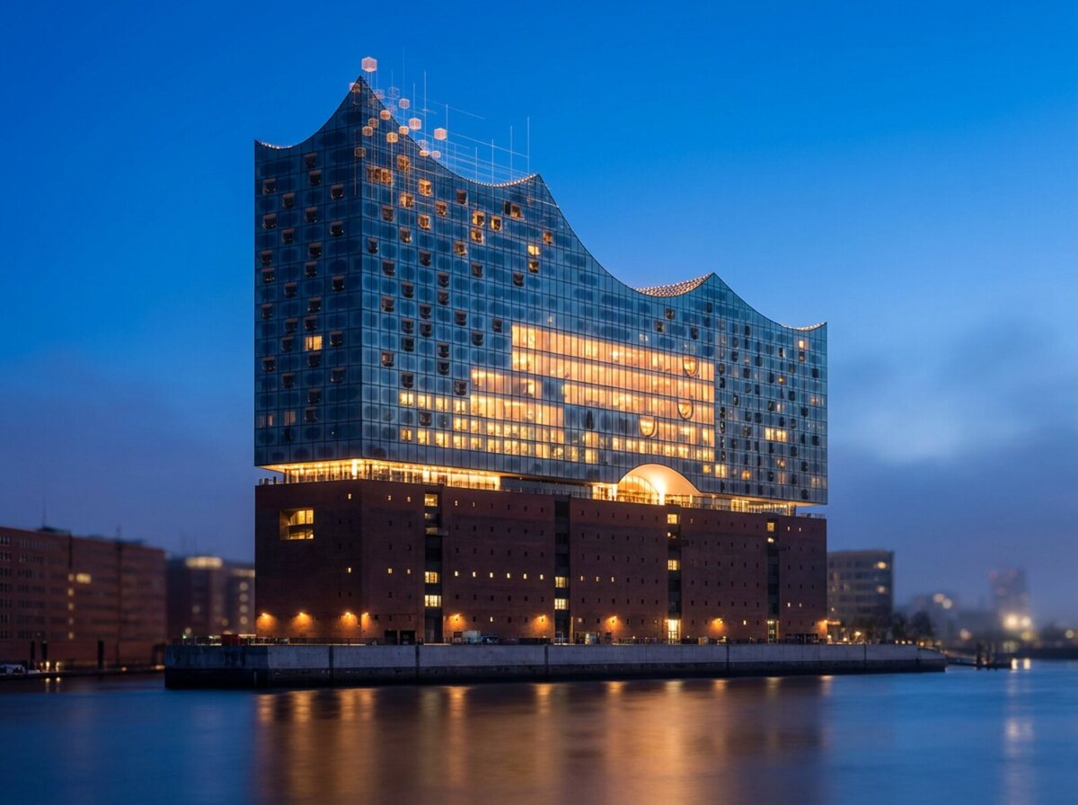 Die Elbphilharmonie in der Dämmerung; das Wellendach löst sich nach oben in ein Raster leuchtender Würfel und Datenlinien auf