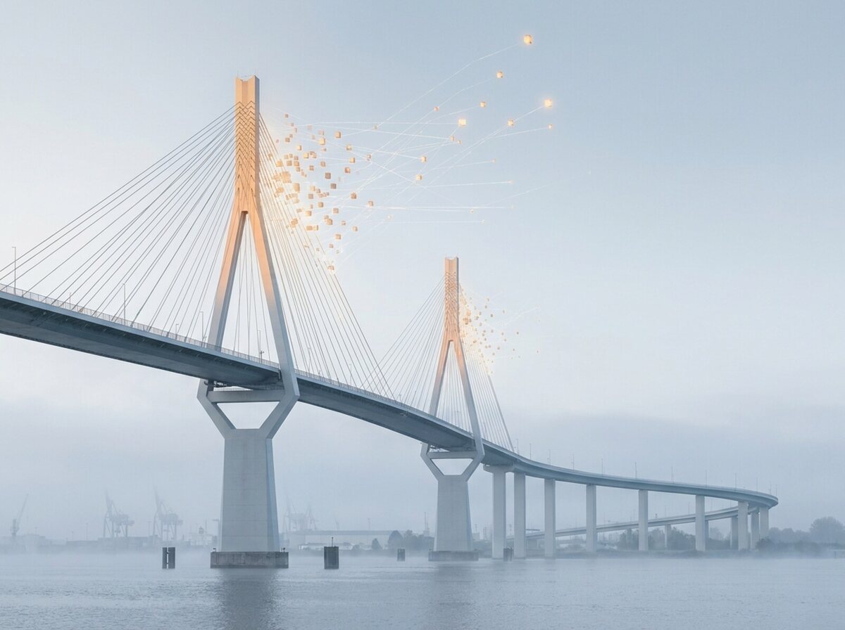 Die Köhlbrandbrücke im silbernen Morgennebel; die Spitze des vorderen Pylons löst sich in leuchtende Würfel und Datenlinien auf